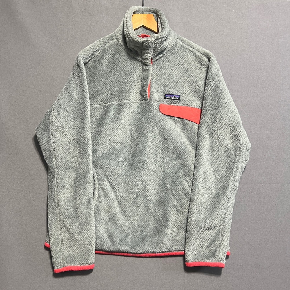 Patagonia Re-Tool Snap-T Fleece Pullover Grey Coral Pink Trim Women Large